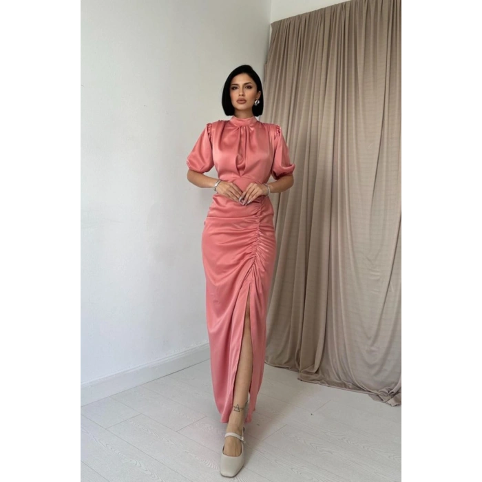 Pudra Büzgülü Saten Elbise