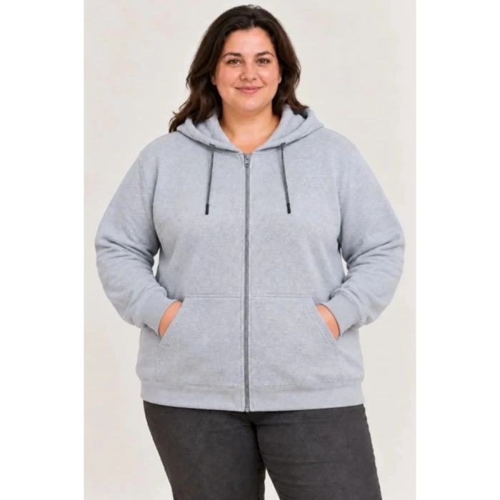 Battal Büyük Beden Üç İplik İçi Şardonlu Kapüşonlu Tam Fermuarlı Kışlık Sweatshirt - Gri
