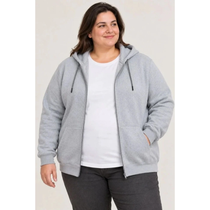 Battal Büyük Beden Üç İplik İçi Şardonlu Kapüşonlu Tam Fermuarlı Kışlık Sweatshirt - Gri