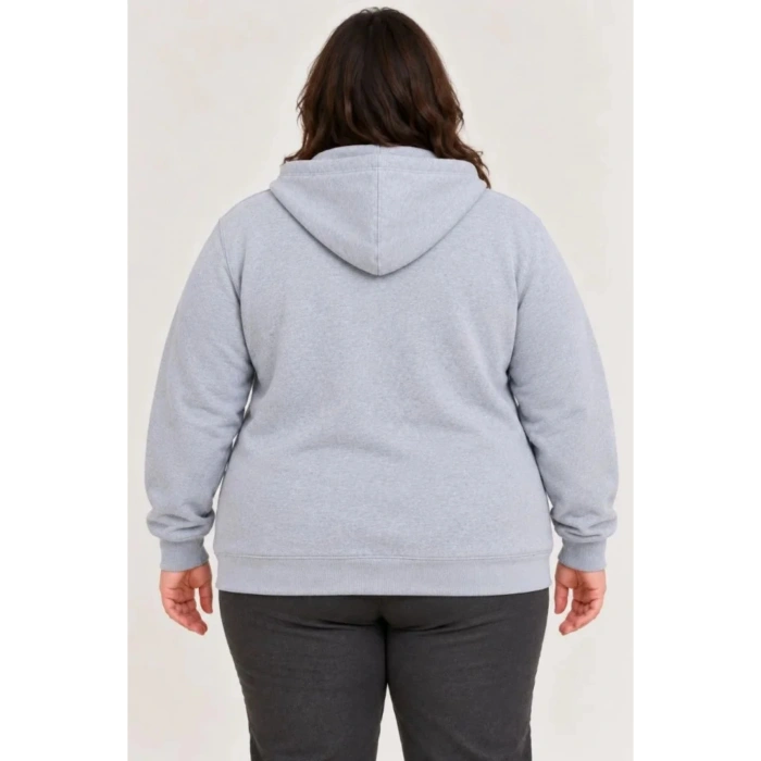 Battal Büyük Beden Üç İplik İçi Şardonlu Kapüşonlu Tam Fermuarlı Kışlık Sweatshirt - Gri