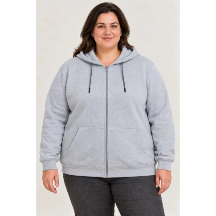 Battal Büyük Beden Üç İplik İçi Şardonlu Kapüşonlu Tam Fermuarlı Kışlık Sweatshirt - Gri