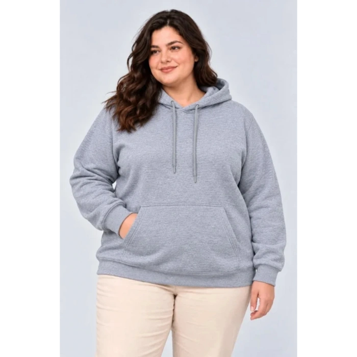 Battal Büyük Beden Üç İplik İçi Şardonlu Kapüşonlu Kanguru Cepli Kışlık Sweatshirt - Gri