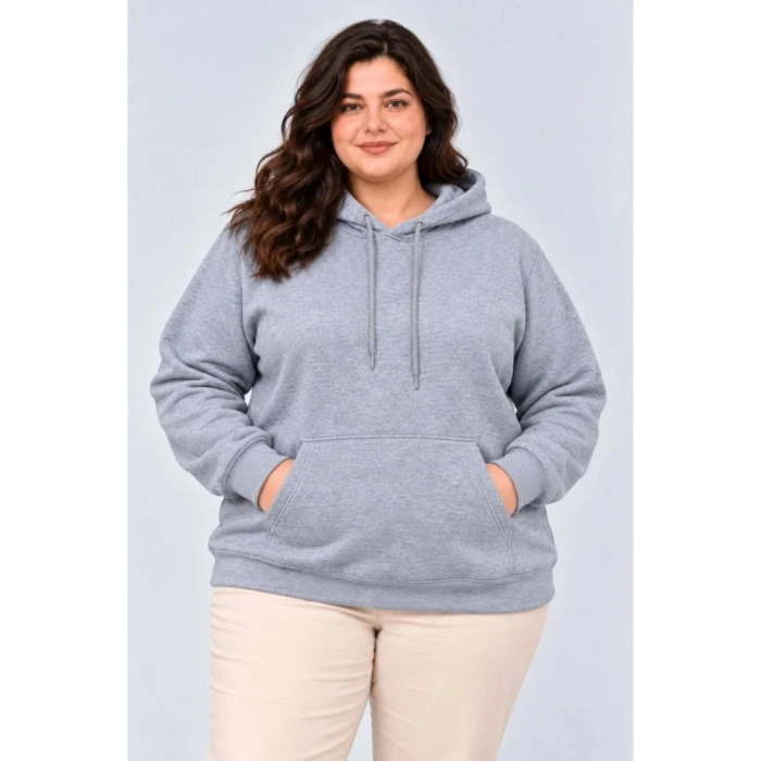 Battal Büyük Beden Üç İplik İçi Şardonlu Kapüşonlu Kanguru Cepli Kışlık Sweatshirt - Gri
