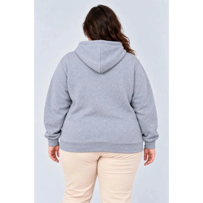 Battal Büyük Beden Üç İplik İçi Şardonlu Kapüşonlu Kanguru Cepli Kışlık Sweatshirt - Gri