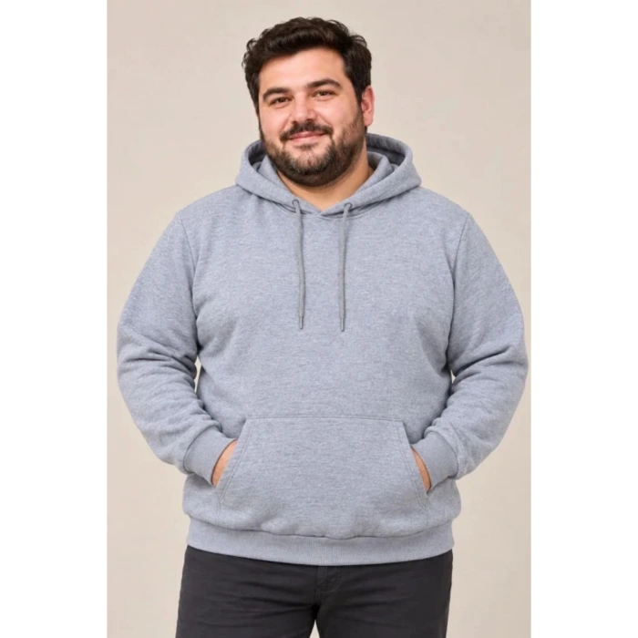 Erkek Battal Büyük Beden Üç İplik İçi Şardonlu Kapüşonlu Kanguru Cepli Kışlık Sweatshirt - Gri