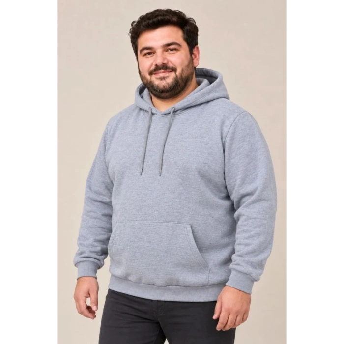 Erkek Battal Büyük Beden Üç İplik İçi Şardonlu Kapüşonlu Kanguru Cepli Kışlık Sweatshirt - Gri