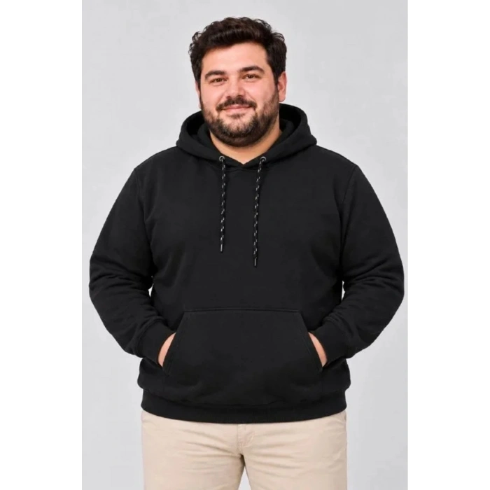Erkek Battal Büyük Beden Üç İplik İçi Şardonlu Kapüşonlu Kanguru Cepli Kışlık Sweatshirt - Siyah