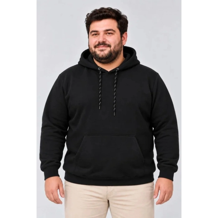 Erkek Battal Büyük Beden Üç İplik İçi Şardonlu Kapüşonlu Kanguru Cepli Kışlık Sweatshirt - Siyah