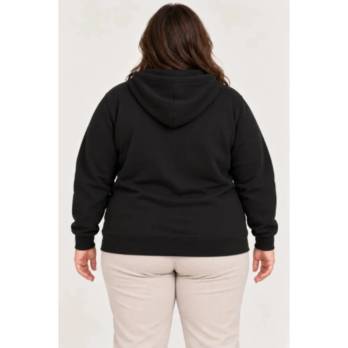 Battal Büyük Beden Üç İplik İçi Şardonlu Kapüşonlu Tam Fermuarlı Kışlık Sweatshirt - Siyah