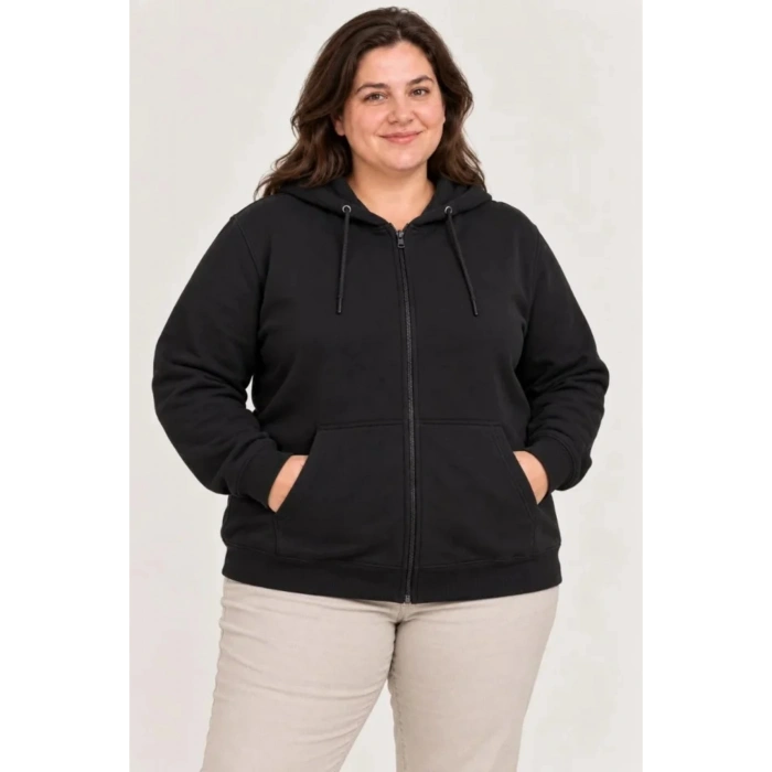 Battal Büyük Beden Üç İplik İçi Şardonlu Kapüşonlu Tam Fermuarlı Kışlık Sweatshirt - Siyah