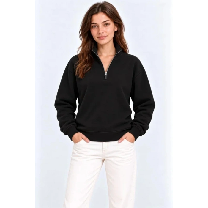 Üç İplik İçi Şardonlu Dik Yaka Yarım Fermuarlı Kışlık Sweatshirt - Siyah