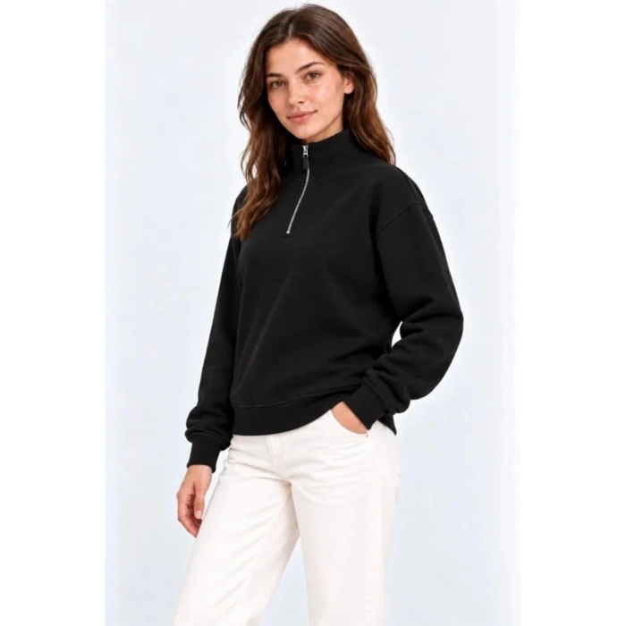 Üç İplik İçi Şardonlu Dik Yaka Yarım Fermuarlı Kışlık Sweatshirt - Siyah