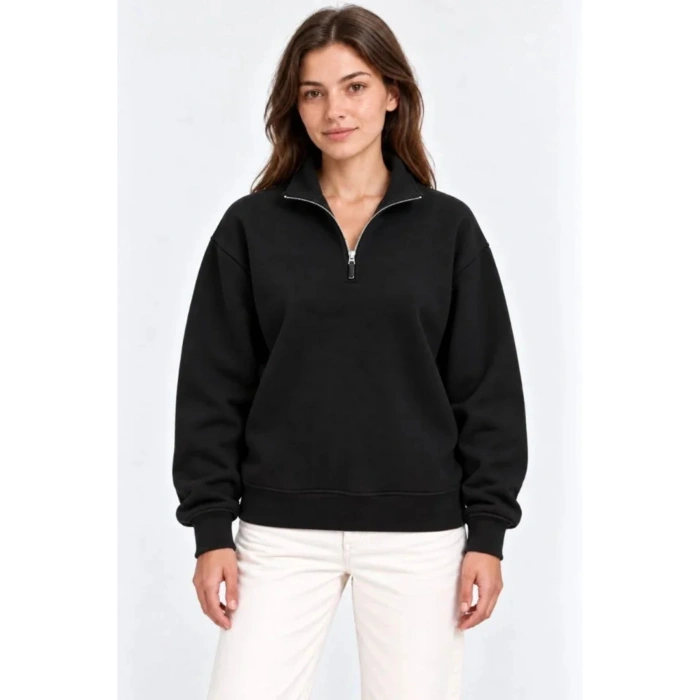 Üç İplik İçi Şardonlu Dik Yaka Yarım Fermuarlı Kışlık Sweatshirt - Siyah
