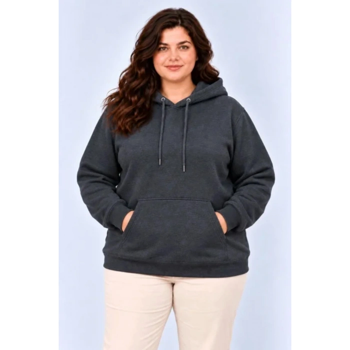 Battal Büyük Beden Üç İplik İçi Şardonlu Kapüşonlu Kanguru Cepli Kışlık Sweatshirt - Füme