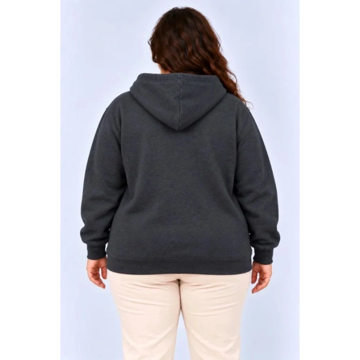 Battal Büyük Beden Üç İplik İçi Şardonlu Kapüşonlu Kanguru Cepli Kışlık Sweatshirt - Füme