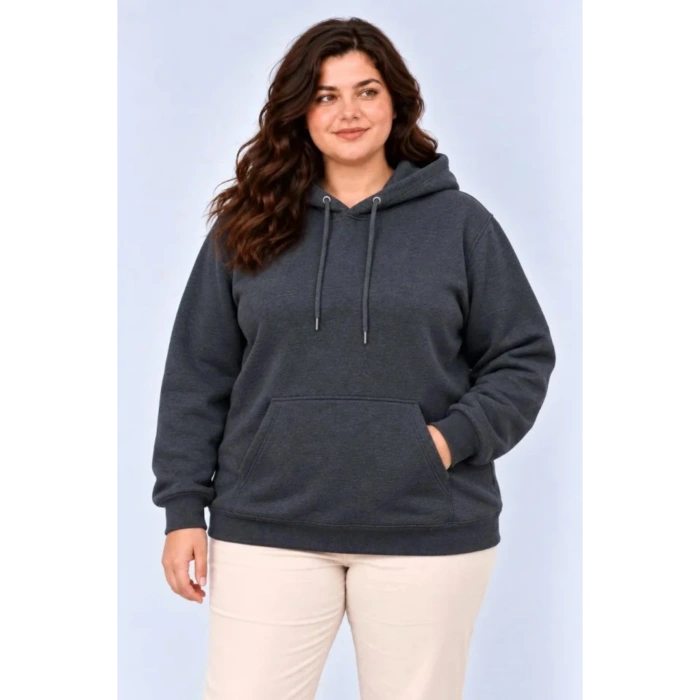 Battal Büyük Beden Üç İplik İçi Şardonlu Kapüşonlu Kanguru Cepli Kışlık Sweatshirt - Füme