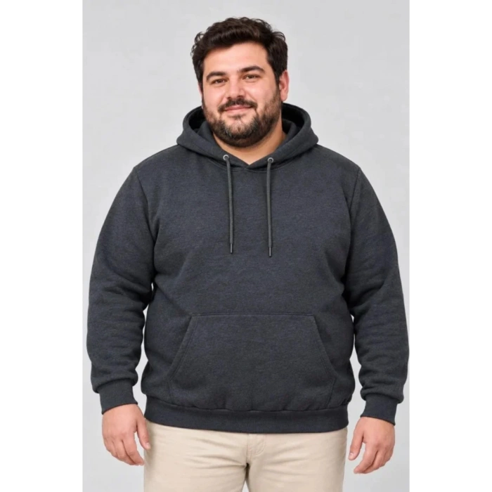 Erkek Battal Büyük Beden Üç İplik İçi Şardonlu Kapüşonlu Kanguru Cepli Kışlık Sweatshirt - Füme