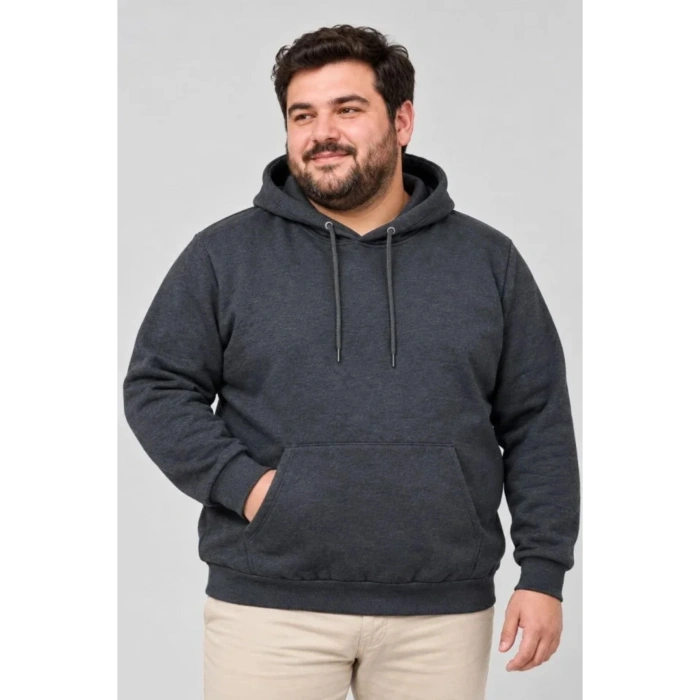 Erkek Battal Büyük Beden Üç İplik İçi Şardonlu Kapüşonlu Kanguru Cepli Kışlık Sweatshirt - Füme