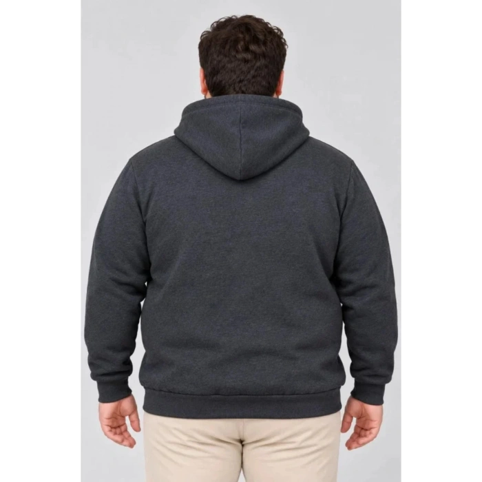 Erkek Battal Büyük Beden Üç İplik İçi Şardonlu Kapüşonlu Kanguru Cepli Kışlık Sweatshirt - Füme