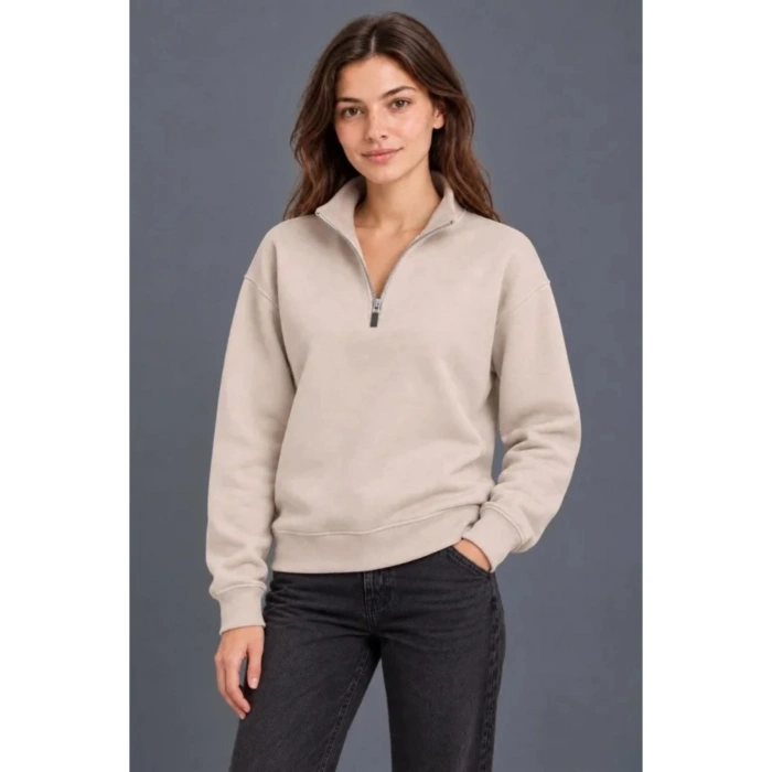 Üç İplik İçi Şardonlu Dik Yaka Yarım Fermuarlı Kışlık Sweatshirt - Bej