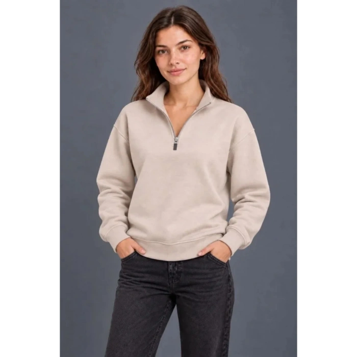 Üç İplik İçi Şardonlu Dik Yaka Yarım Fermuarlı Kışlık Sweatshirt - Bej