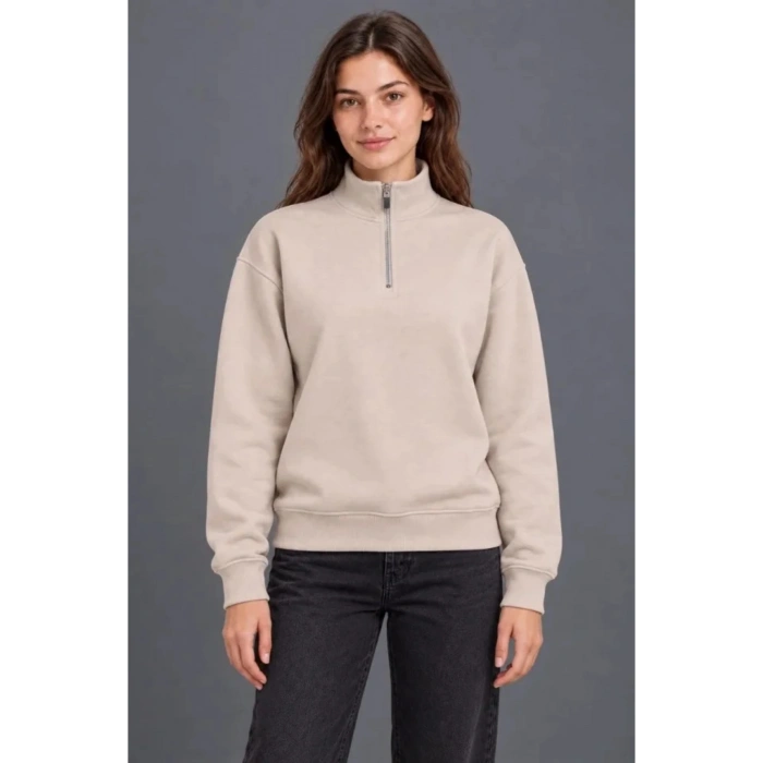 Üç İplik İçi Şardonlu Dik Yaka Yarım Fermuarlı Kışlık Sweatshirt - Bej