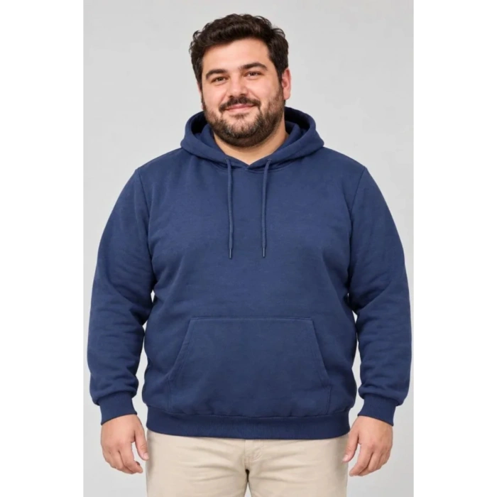 Erkek Battal Büyük Beden Üç İplik İçi Şardonlu Kapüşonlu Kanguru Cepli Kışlık Sweatshirt - Lacivert