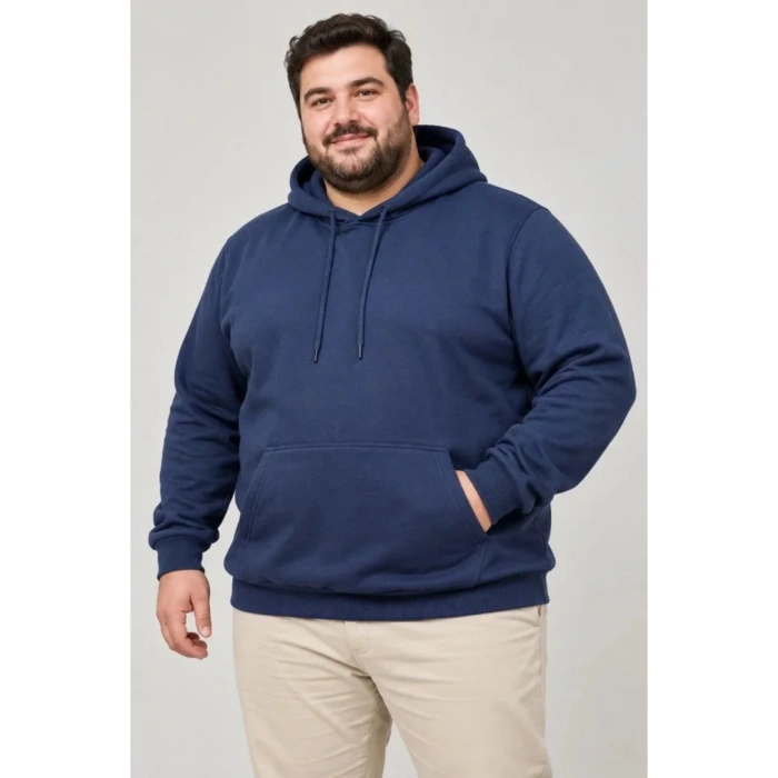 Erkek Battal Büyük Beden Üç İplik İçi Şardonlu Kapüşonlu Kanguru Cepli Kışlık Sweatshirt - Lacivert