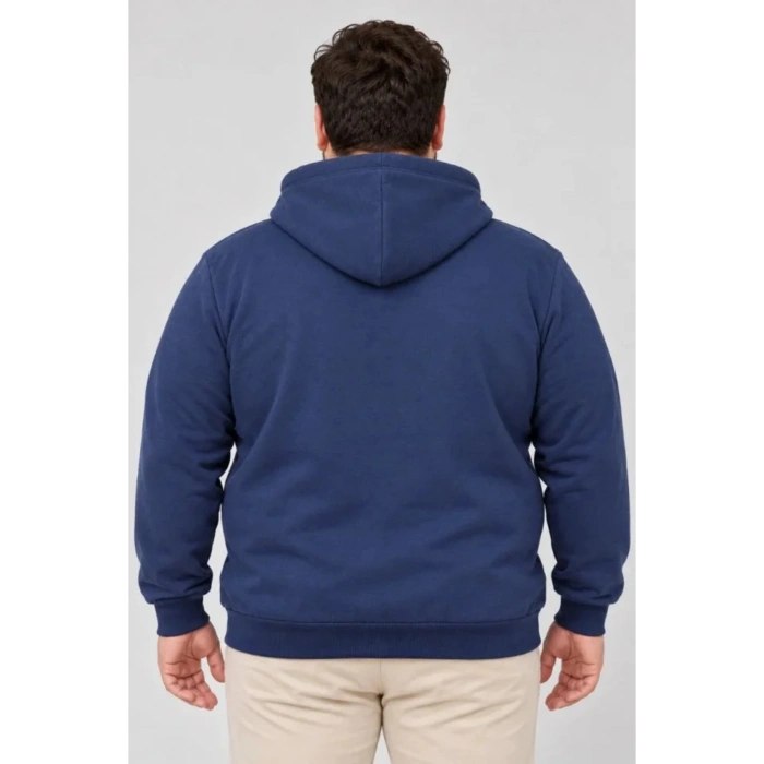 Erkek Battal Büyük Beden Üç İplik İçi Şardonlu Kapüşonlu Kanguru Cepli Kışlık Sweatshirt - Lacivert