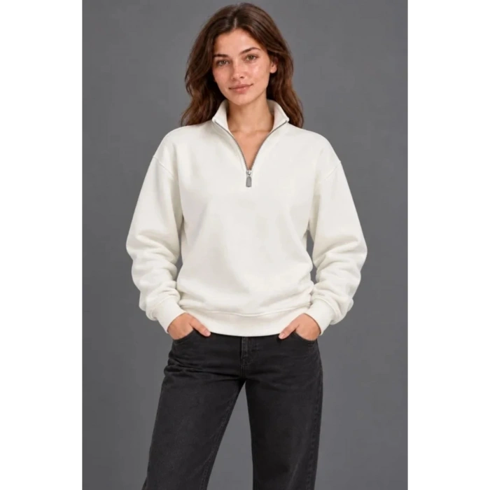 Üç İplik İçi Şardonlu Dik Yaka Yarım Fermuarlı Kışlık Sweatshirt - Beyaz