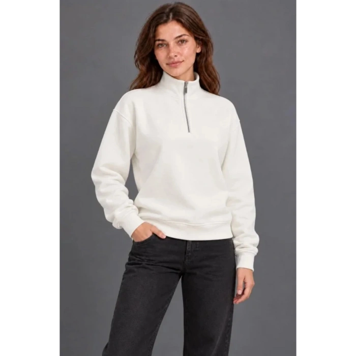 Üç İplik İçi Şardonlu Dik Yaka Yarım Fermuarlı Kışlık Sweatshirt - Beyaz