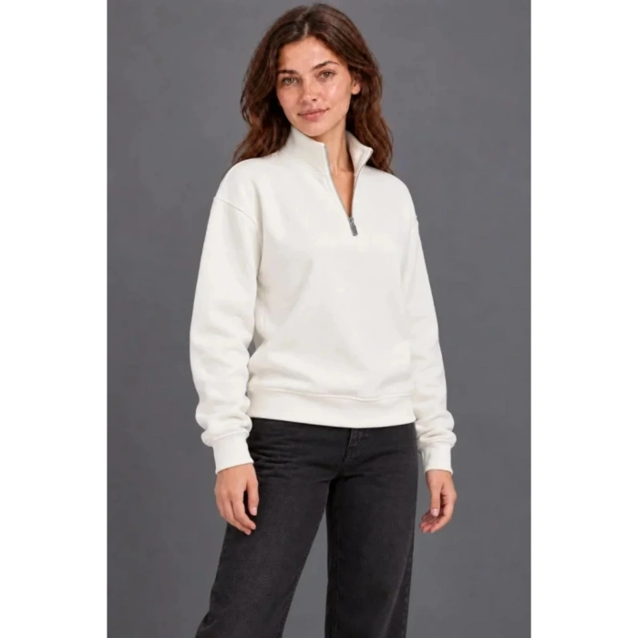 Üç İplik İçi Şardonlu Dik Yaka Yarım Fermuarlı Kışlık Sweatshirt - Beyaz