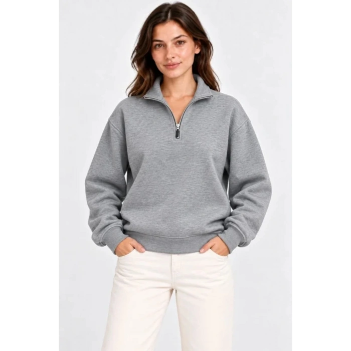 Üç İplik İçi Şardonlu Dik Yaka Yarım Fermuarlı Kışlık Sweatshirt - Grİ
