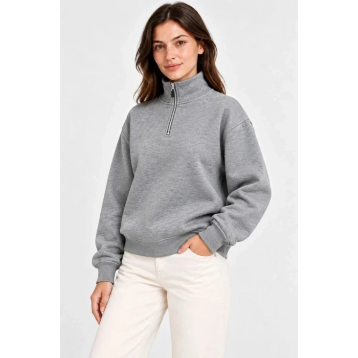 Üç İplik İçi Şardonlu Dik Yaka Yarım Fermuarlı Kışlık Sweatshirt - Grİ