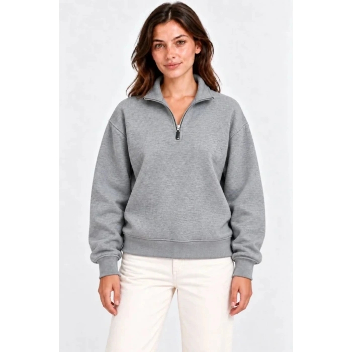 Üç İplik İçi Şardonlu Dik Yaka Yarım Fermuarlı Kışlık Sweatshirt - Grİ