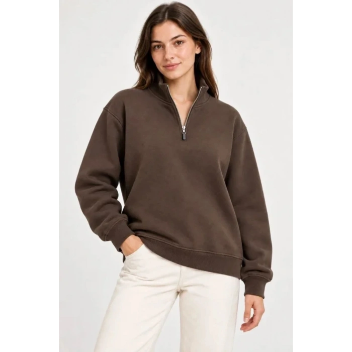 Üç İplik İçi Şardonlu Dik Yaka Yarım Fermuarlı Kışlık Sweatshirt - Kahverengi