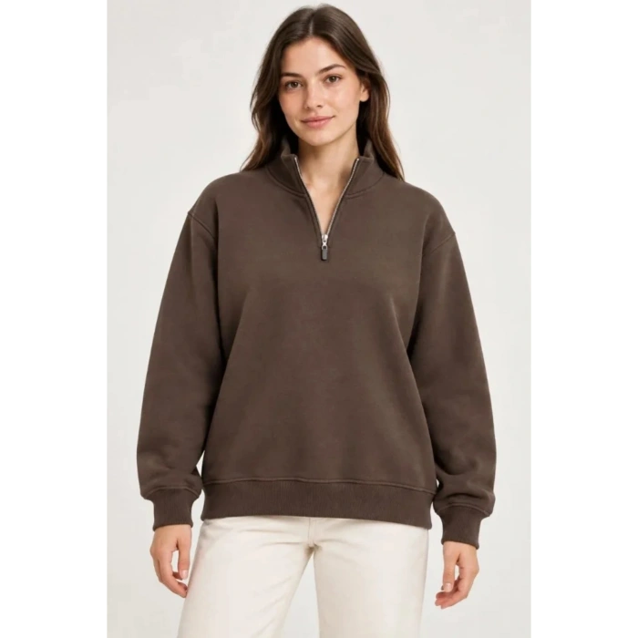 Üç İplik İçi Şardonlu Dik Yaka Yarım Fermuarlı Kışlık Sweatshirt - Kahverengi