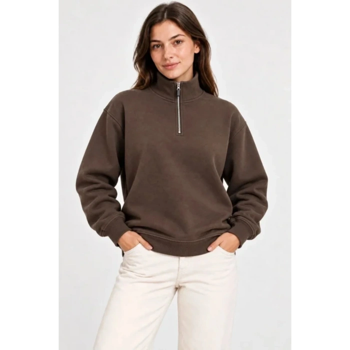 Üç İplik İçi Şardonlu Dik Yaka Yarım Fermuarlı Kışlık Sweatshirt - Kahverengi
