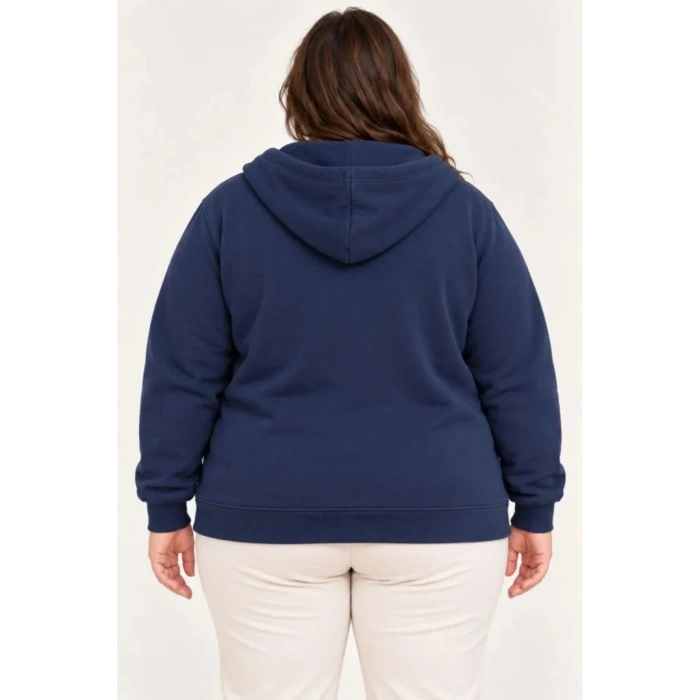 Battal Büyük Beden Üç İplik İçi Şardonlu Kapüşonlu Tam Fermuarlı Kışlık Sweatshirt - Lacivert