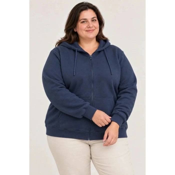 Battal Büyük Beden Üç İplik İçi Şardonlu Kapüşonlu Tam Fermuarlı Kışlık Sweatshirt - Lacivert