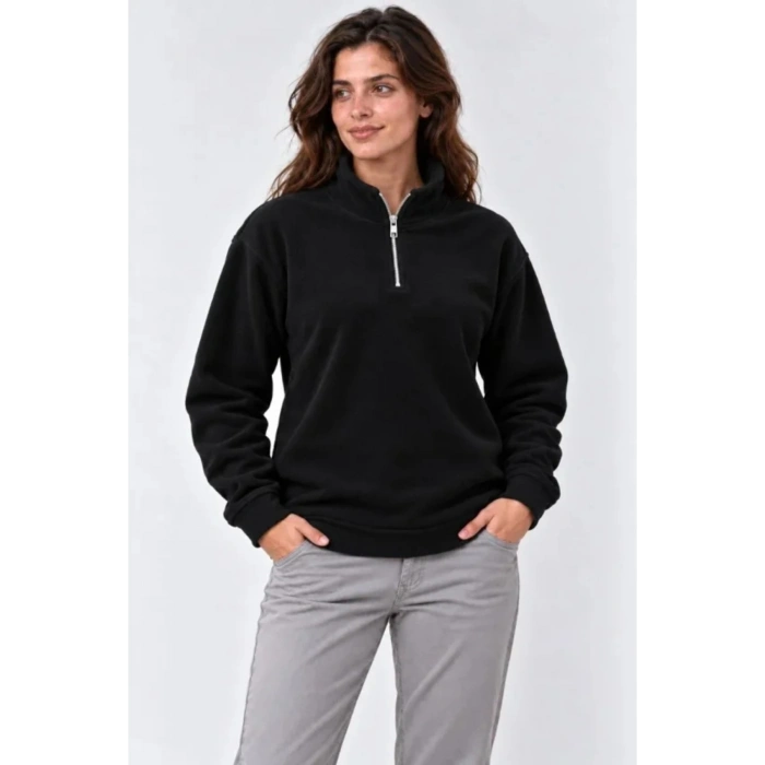 Polar Dik Yaka Yarım Fermuarlı Uzun Kollu Regular Fit Kışlık Sweatshirt - Siyah