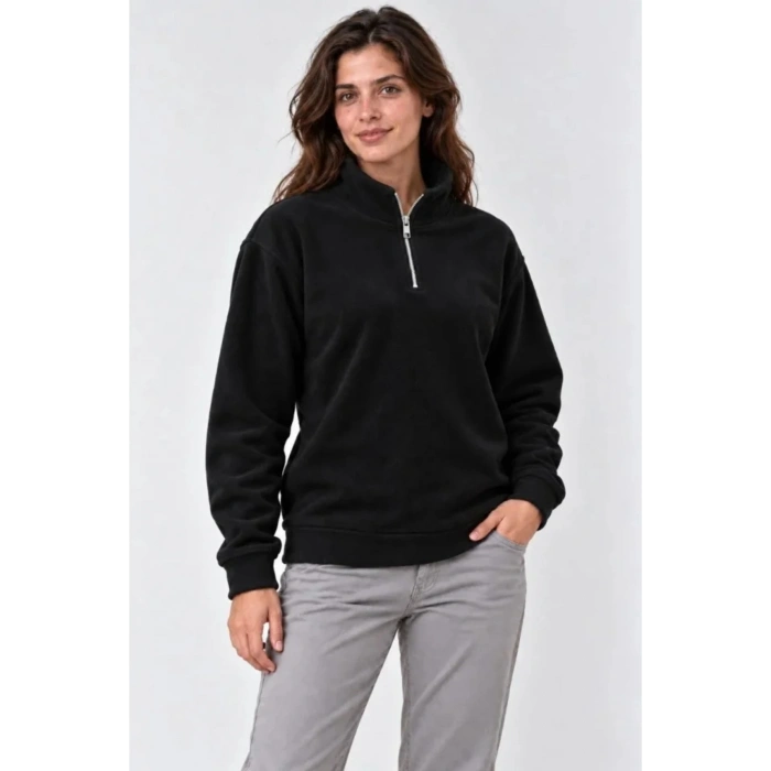 Polar Dik Yaka Yarım Fermuarlı Uzun Kollu Regular Fit Kışlık Sweatshirt - Siyah