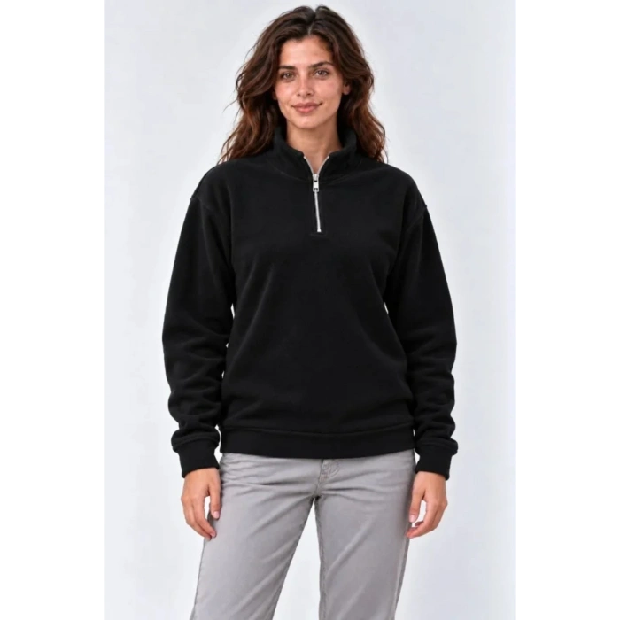 Polar Dik Yaka Yarım Fermuarlı Uzun Kollu Regular Fit Kışlık Sweatshirt - Siyah