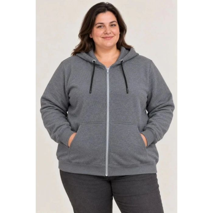 Battal Büyük Beden Üç İplik İçi Şardonlu Kapüşonlu Tam Fermuarlı Kışlık Sweatshirt - Füme