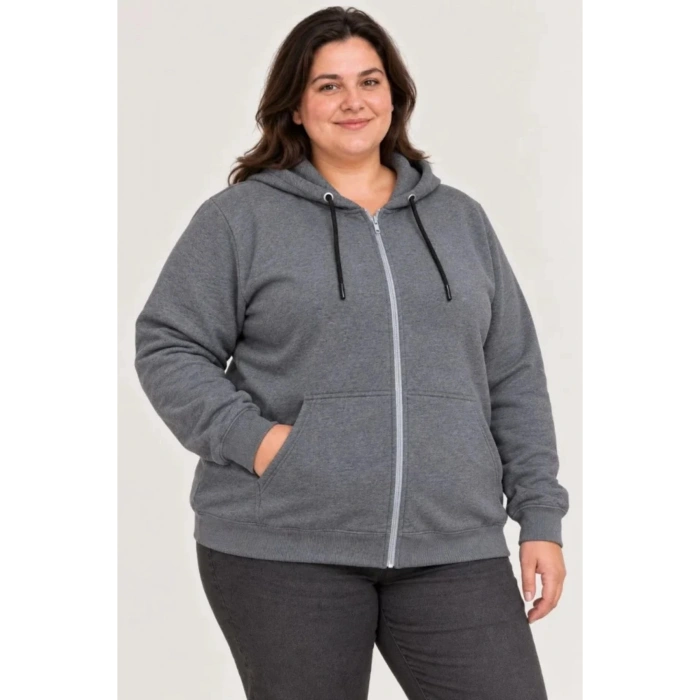 Battal Büyük Beden Üç İplik İçi Şardonlu Kapüşonlu Tam Fermuarlı Kışlık Sweatshirt - Füme