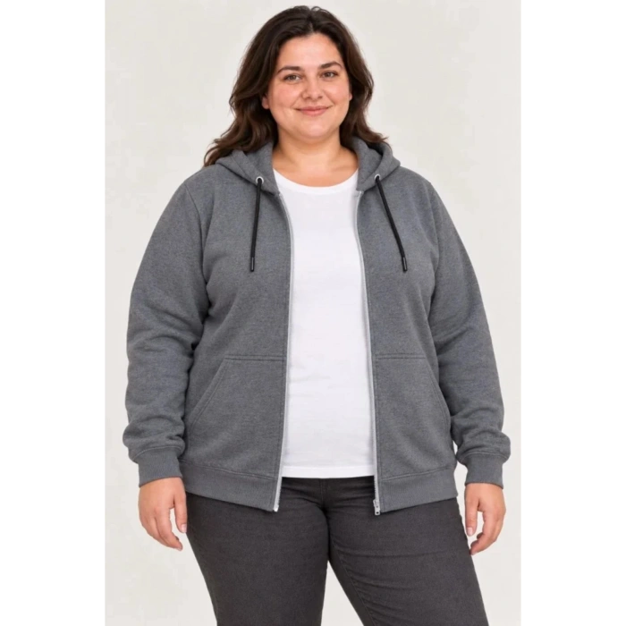 Battal Büyük Beden Üç İplik İçi Şardonlu Kapüşonlu Tam Fermuarlı Kışlık Sweatshirt - Füme