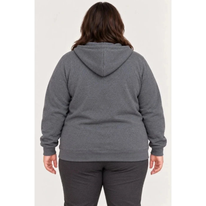 Battal Büyük Beden Üç İplik İçi Şardonlu Kapüşonlu Tam Fermuarlı Kışlık Sweatshirt - Füme