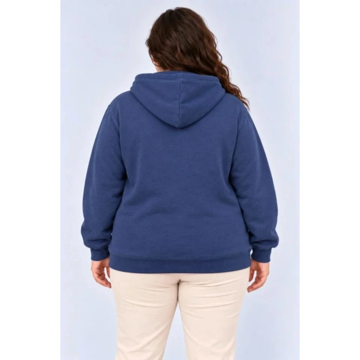 Battal Büyük Beden Üç İplik İçi Şardonlu Kapüşonlu Kanguru Cepli Kışlık Sweatshirt - Lacivert
