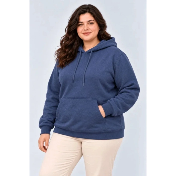 Battal Büyük Beden Üç İplik İçi Şardonlu Kapüşonlu Kanguru Cepli Kışlık Sweatshirt - Lacivert