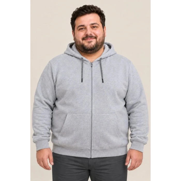 Erkek Battal Büyük Beden Üç İplik İçi Şardonlu Kapüşonlu Tam Fermuarlı Kışlık Sweatshirt - Gri